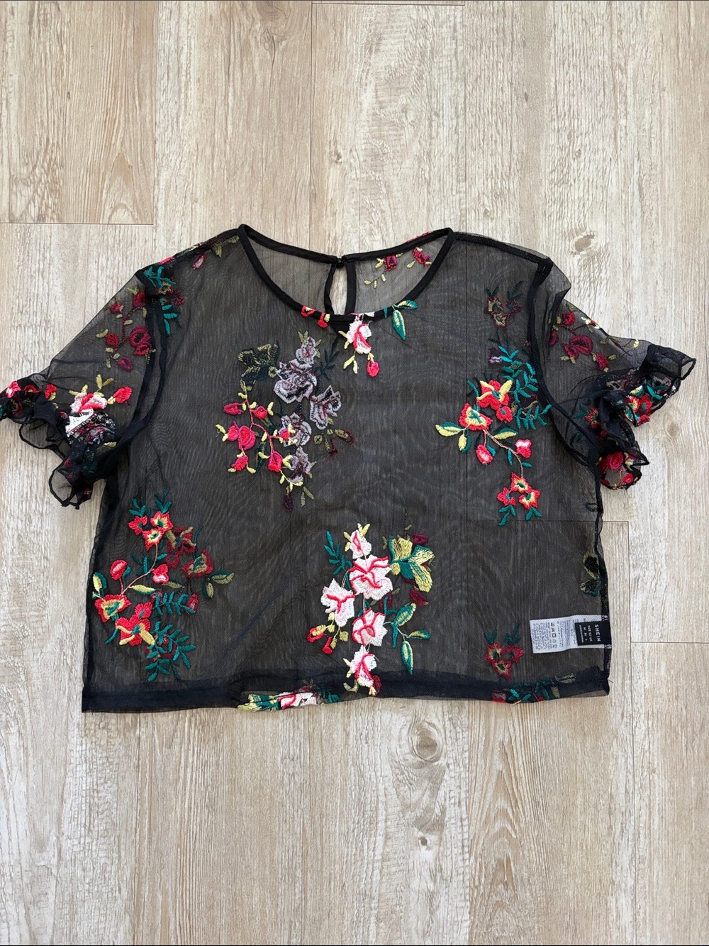 Floral Embroidered Sheer Black Crop Top